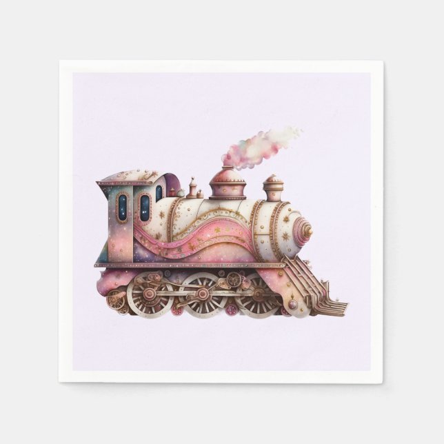 Pink Train Engine Vintage Steampunk Napkins (Front)