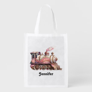 Pink Train Engine Vintage Steampunk Style Grocery Bag