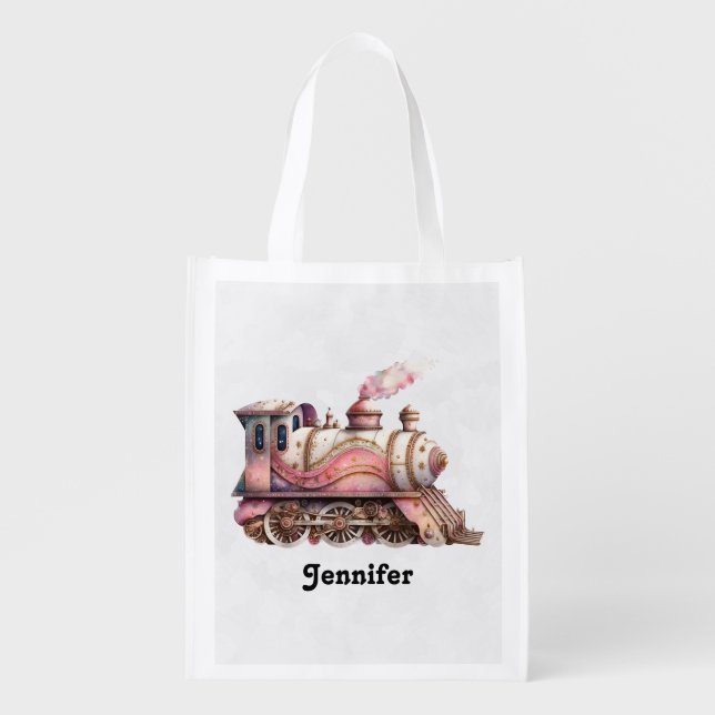Pink Train Engine Vintage Steampunk Style Grocery Bag (Front)