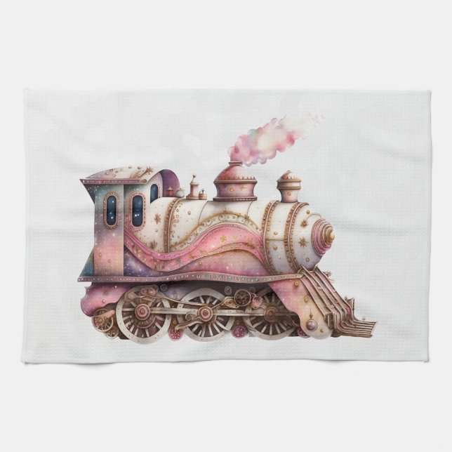 Pink Train Engine Vintage Steampunk Style Kitchen Towel (Horizontal)