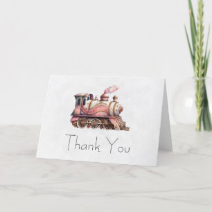 Pink Train Engine Vintage Steampunk Style Letterpress Thank You Card