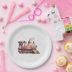Pink Train Engine Vintage Steampunk Style Paper Plates