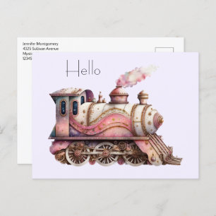 Pink Train Engine Vintage Steampunk Style Postcard