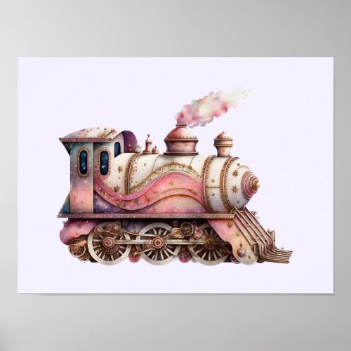 Pink Train Engine Vintage Steampunk Style Poster