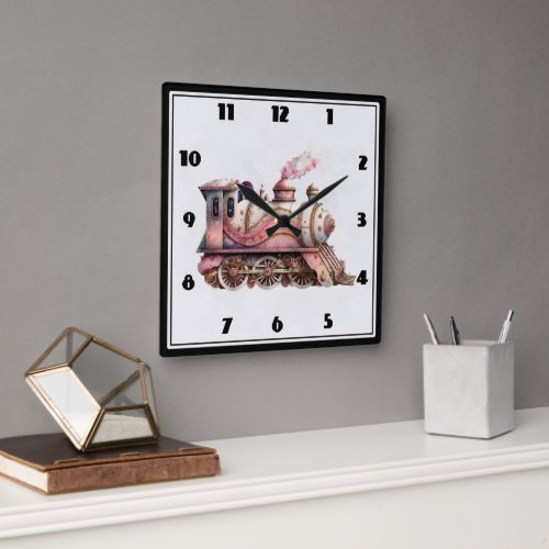 Pink Train Engine Vintage Steampunk Style Square Wall Clock