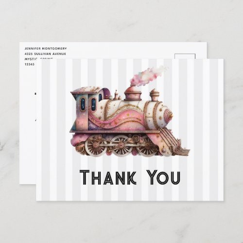 Pink Train Engine Vintage Steampunk Thank You Postcard