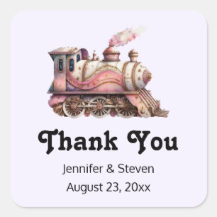 Pink Train Engine Vintage Steampunk Thank You Square Sticker