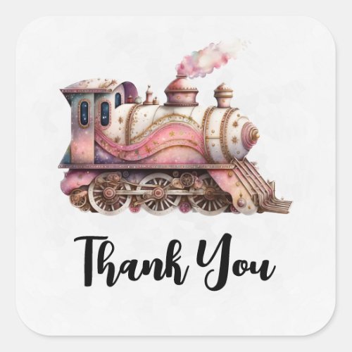 Pink Train Engine Vintage Steampunk  Thank You Square Sticker