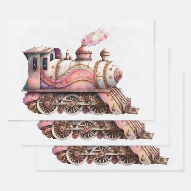Pink Train Engine Vintage Steampunk Wrapping Paper Sheets (Set)