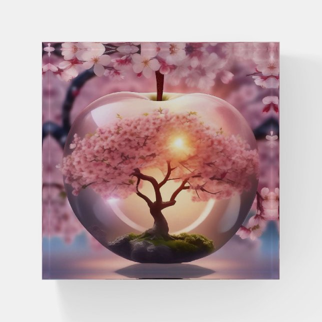 Pink Translucent Apple With Apple Tree Scene, Paperweight (Front)