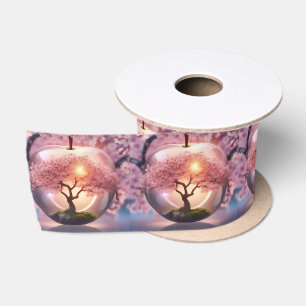 Pink Translucent Apple With Apple Tree Scene, Satin Ribbon