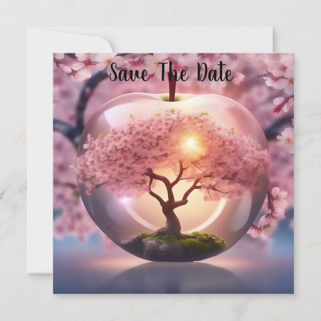 Pink Translucent Apple With Apple Tree Scene, Save The Date (Front)