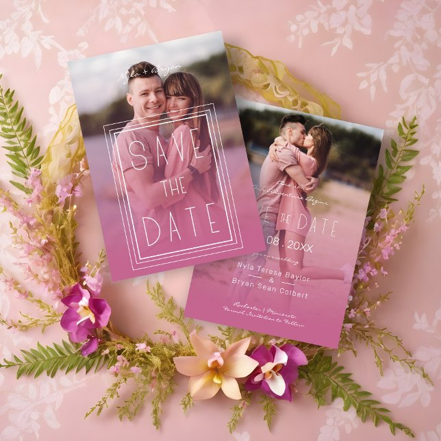 Pink Transparency Effect 2 Photos Engagement Save The Date (Pink Transparency Effect 2 Photos Engagement Couple Session Save the Date Card.)