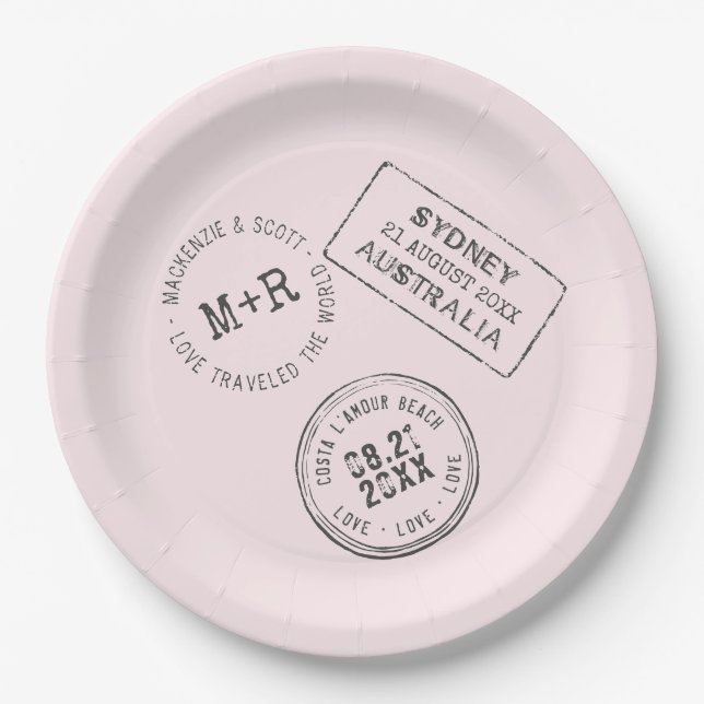 Pink Travel Theme Passport Stamp Custom Wedding Paper Plates (Front)