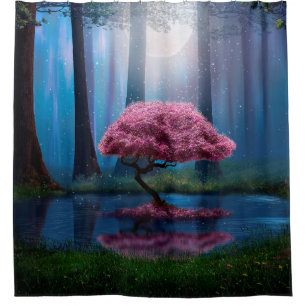 Pink tree and pond in the woods at night shower curtain