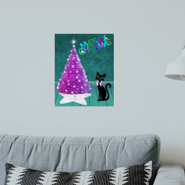 Pink Tree Black Cat Bow Merry Christmas Teal Faux Canvas Print (Pink silver tree black cat pink bow in teal room on Christmas theme gallery wrapped canvas art.)