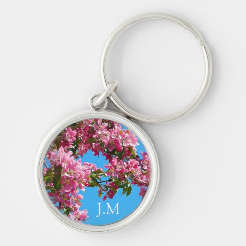 Pink Tree Blossom and Blue Sky Initials Keychain