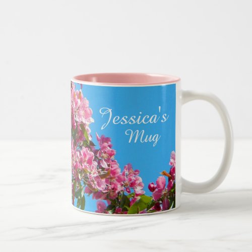 Pink Tree Blossom and Blue Sky Personalised Two_Tone Coffee Mug