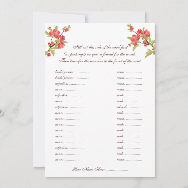 Pink Tree Blossoms Wedding Vows Libs Cards (Front)