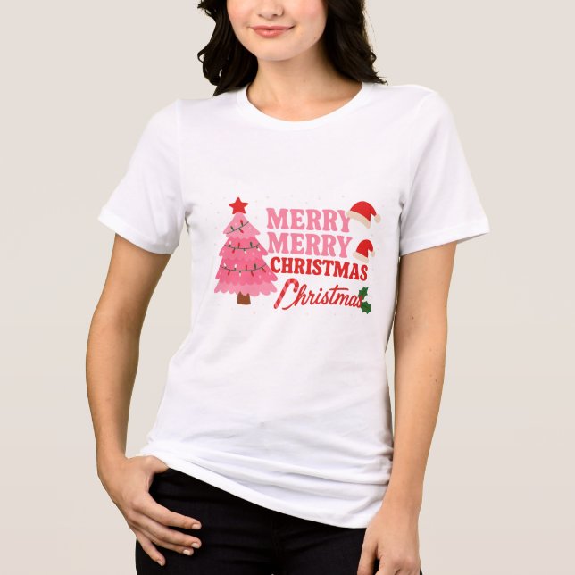 Pink Tree & Bold Merry #christmastree #xmas Tri-Blend Shirt (Front)