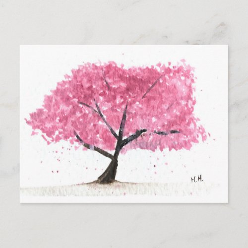 Pink tree cherry blossom watercolor Sakura  Postcard