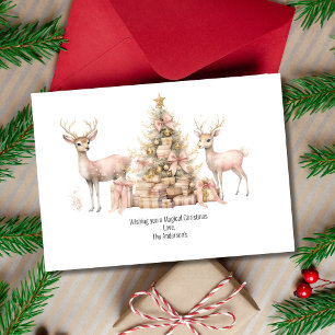 Pink Tree Deer Reindeer Boho Vintage Christmas Holiday Card
