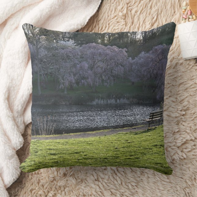 Pink Tree Flowers Bench Seat at Pond 20x20 Throw Pillow (Blanket)