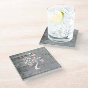 Pink Tree of Hearts Personalized Glass Coaster