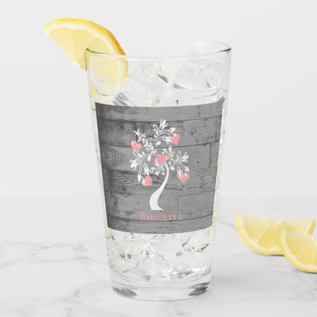 Pink Tree of Hearts Personalized Glass Cup (Front Ice)