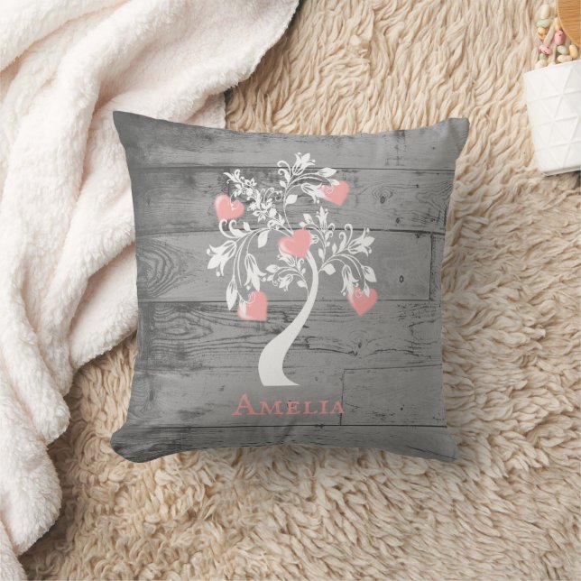 Pink Tree of Hearts Personalized Throw Pillow (Blanket)