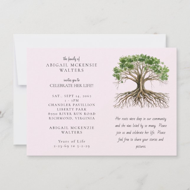 Pink Tree of Life Deep Roots Celebration of LIfe Invitation (Front)