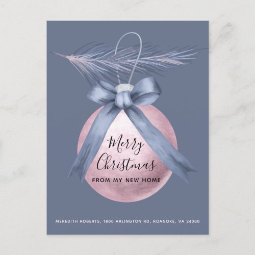 Pink Tree Ornament Dusty Blue Holiday Moving Announcement Postcard