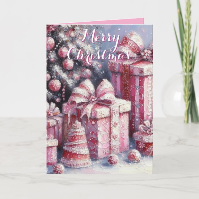 Pink Tree & Presents – Whimsical Holiday Greeting Card (Front)