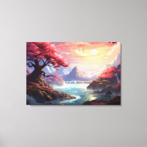 Pink Tree Serenity Mountain Landscape with River Canvas Print