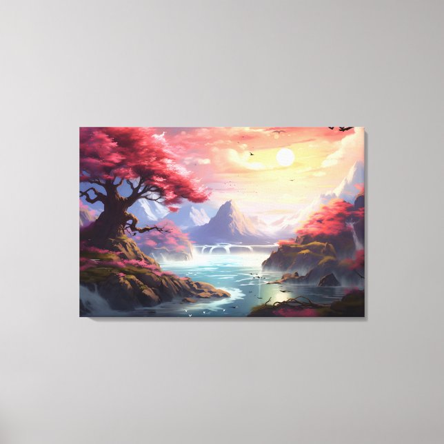 Pink Tree Serenity Mountain Landscape with River Canvas Print (Front)