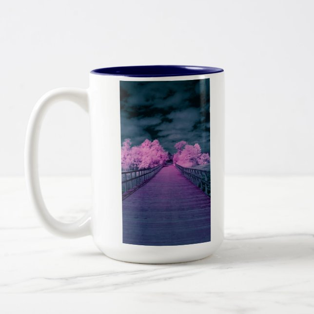 Pink Trees Boardwalk Two-Tone Coffee Mug (Left)