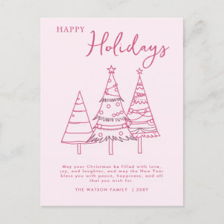 Pink Trees Hand Drawn Doodle Whimsy Christmas Holiday Postcard