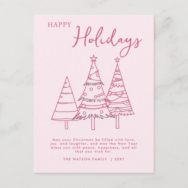 Pink Trees Hand Drawn Doodle Whimsy Christmas Holiday Postcard (Front)