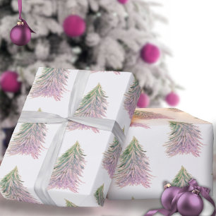 Pink Trees Watercolor Christmas Holiday Wrapping Paper