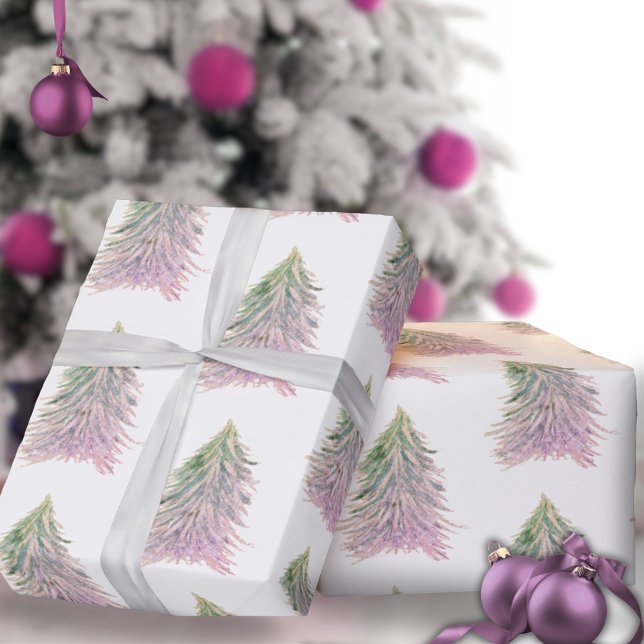 Pink Trees Watercolor Christmas Holiday  Wrapping Paper (Creator Uploaded)