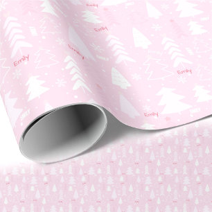 Pink Trees Winter Name Text Christmas  Wrapping Paper