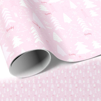 Pink Trees Winter Name Text Christmas Wrapping Paper