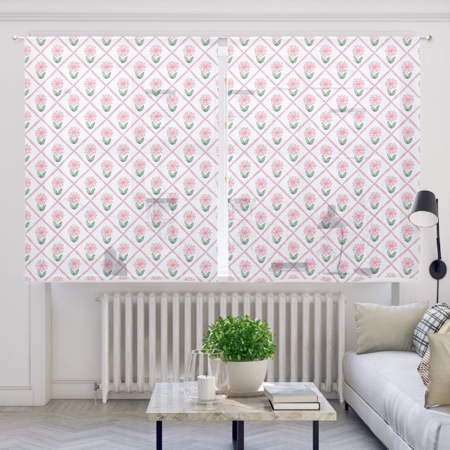 Pink trellis floral grandmillenial classic pretty sheer curtains (Living Room)