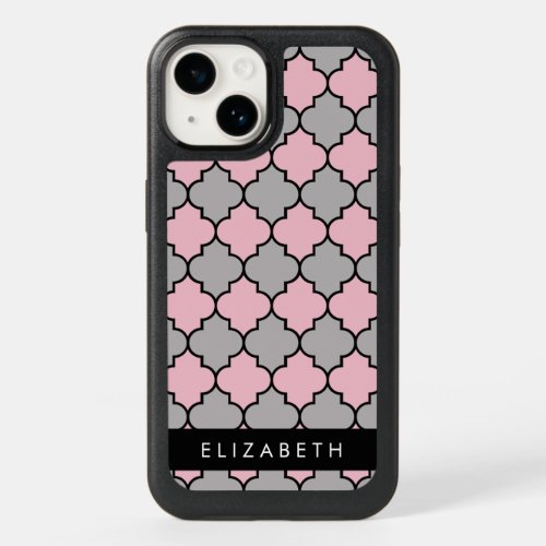 Pink Trellis Quatrefoil Latticework Your Name OtterBox iPhone 14 Case