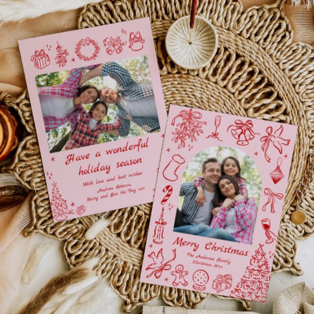 Pink Trendy Christmas Card Doodle Holiday Card Red (Creator Uploaded)
