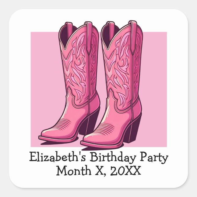 Pink Trendy Cowgirl Boots Girl Birthday Party Square Sticker (Front)