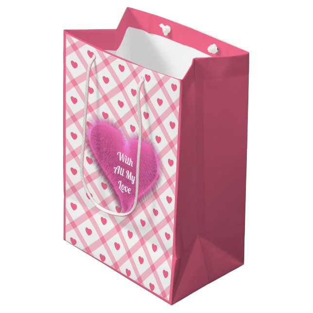Pink Trendy Heart Valentines Day Collection Medium Gift Bag (Front Angled)