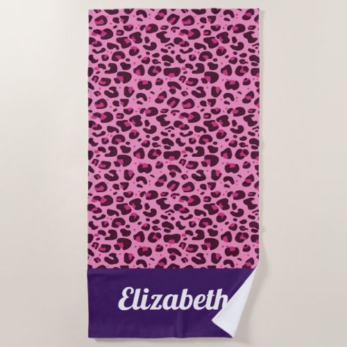 Pink trendy modern leopard print with name beach towel