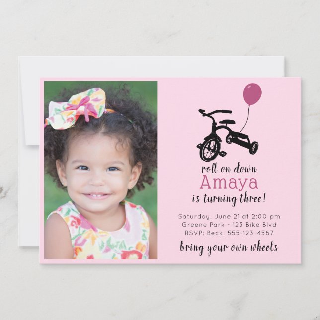 Pink Tricycle Party, Bike party Invitation (Front)
