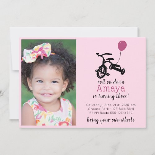 Pink Tricycle Party Bike party Invitation